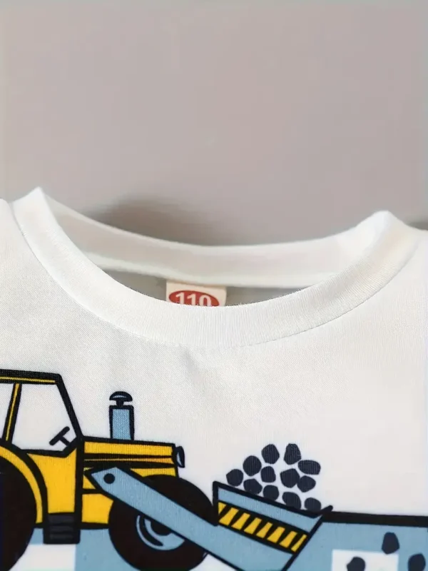 Construction Vehicle Printed Kids Summer Suit – White & Yellow - Image 2