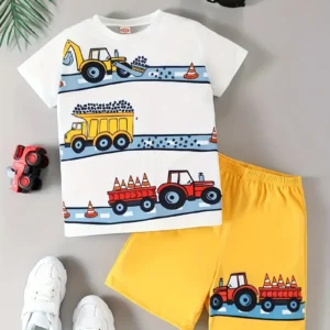 Construction Vehicle Printed Kids Summer Suit – White & Yellow