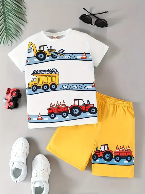 Construction Vehicle Printed Kids Summer Suit – White & Yellow