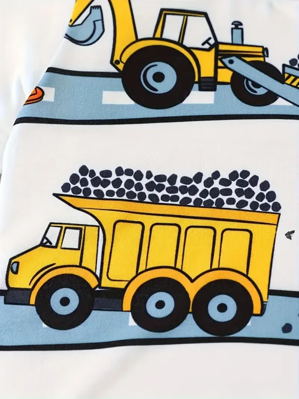 Construction Vehicle Printed Kids Summer Suit – White & Yellow - Image 4