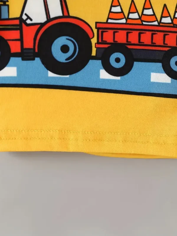 Construction Vehicle Printed Kids Summer Suit – White & Yellow - Image 3