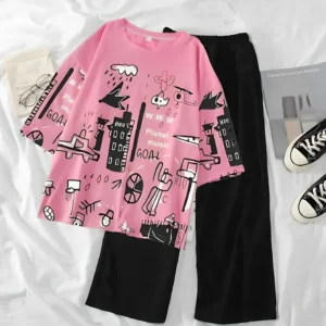 Pink City Groove Oversized Graphic Shirt with Black Plain Trouser
