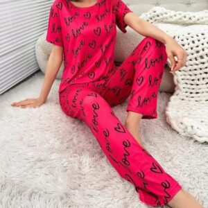 Printed Trouser Paired with Pink Love Heart Print Half-Sleeve Shirt