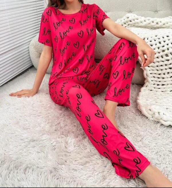 Printed Trouser Paired with Pink Love Heart Print Half-Sleeve Shirt